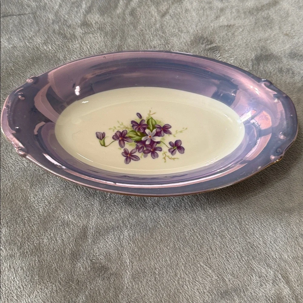 Vintage Norleans Blue Lusterware Oval Relish Dish‎ Painted Violets Iridescent